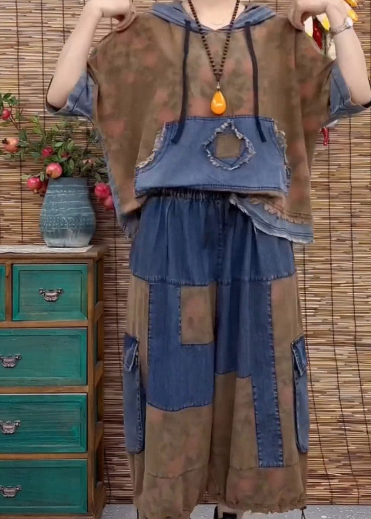 Conjunto de dos piezas de top con capucha y pantalones anchos de talla grande con parches azules para verano