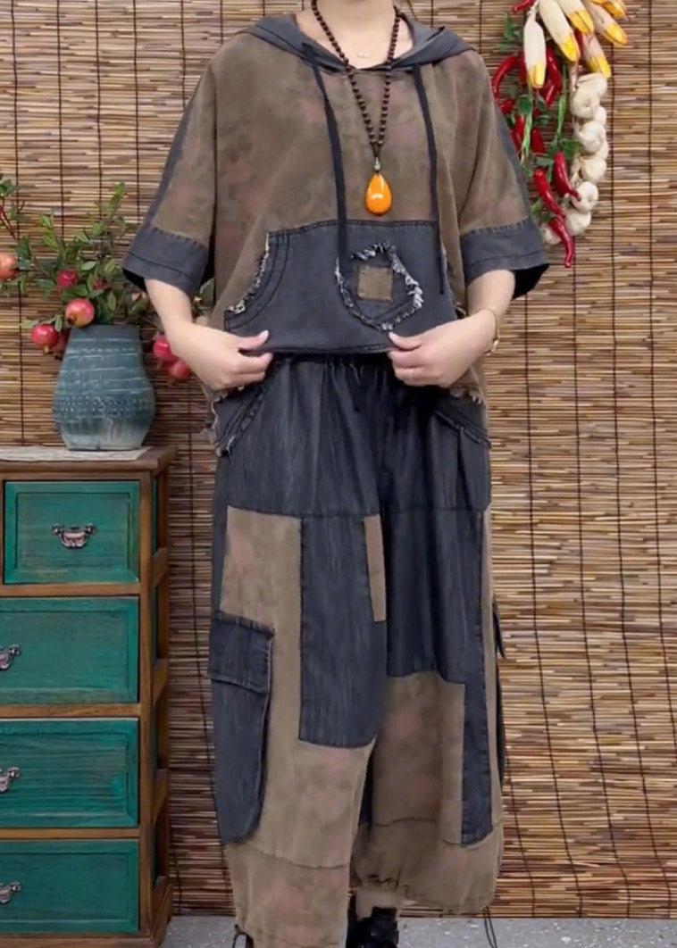 Conjunto de dos piezas de top con capucha y pantalones anchos de talla grande con parches azules para verano