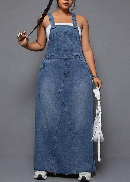 Plus Size Blue Patchwork Pockets Denim Long Spaghetti Strap Dress Summer