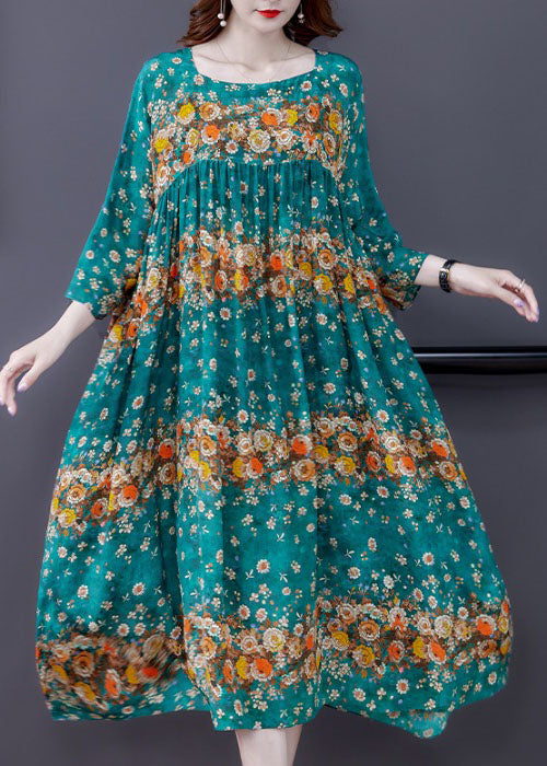 Plus Size Blaues Seidenkleid mit Patchwork-Print Frühling