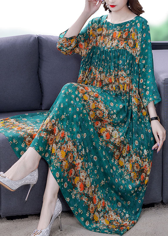 Plus Size Blaues Seidenkleid mit Patchwork-Print Frühling