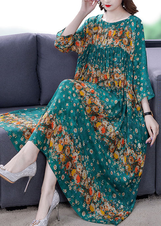 Plus Size Blaues Seidenkleid mit Patchwork-Print Frühling