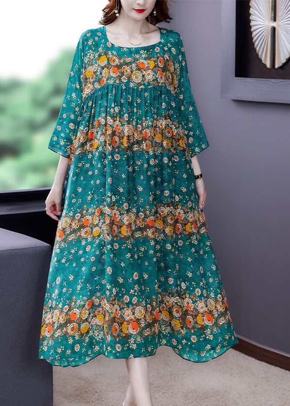 Plus Size Blaues Seidenkleid mit Patchwork-Print Frühling
