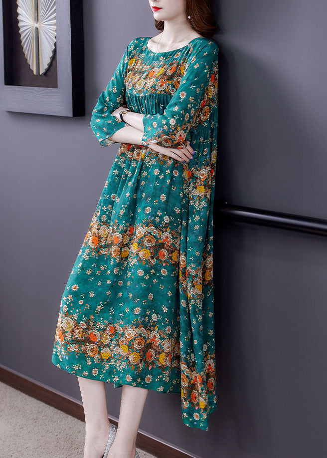 Plus Size Blaues Seidenkleid mit Patchwork-Print Frühling