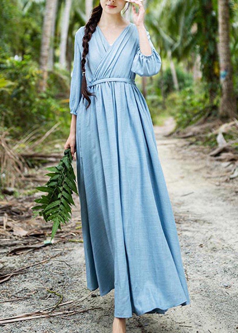 Plus Size Blue Patchwork tie waist Party Summer Chiffon Dress - SooLinen