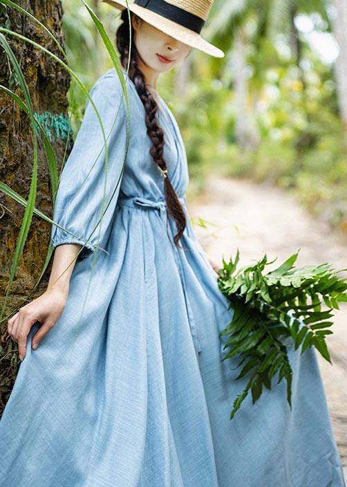 Plus Size Blue Patchwork tie waist Party Summer Chiffon Dress - SooLinen