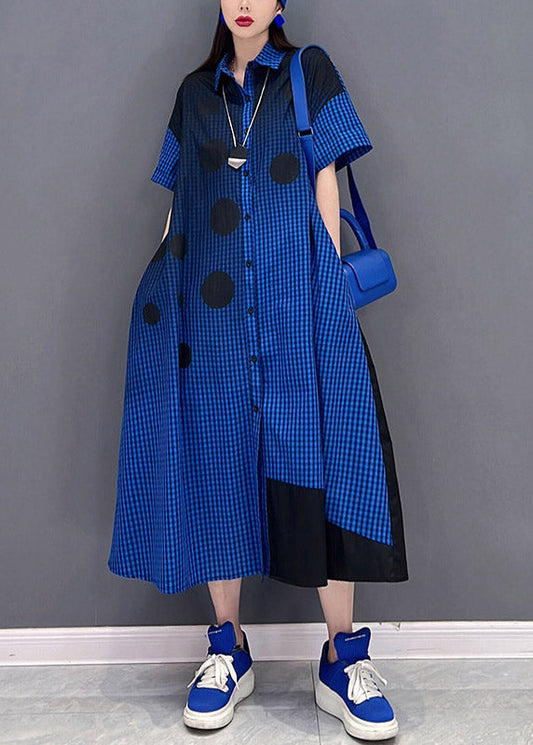 Plus Size Blaues Hemdkleid mit Peter-Pan-Kragen und Knopfleiste, kurzärmlig