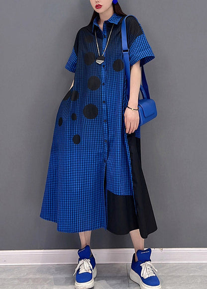 Plus Size Blaues Hemdkleid mit Peter-Pan-Kragen und Knopfleiste, kurzärmlig