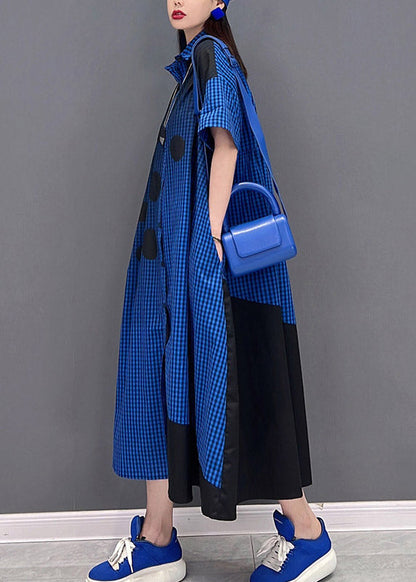 Plus Size Blaues Hemdkleid mit Peter-Pan-Kragen und Knopfleiste, kurzärmlig