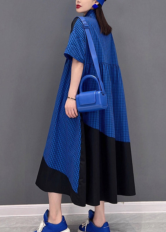 Plus Size Blaues Hemdkleid mit Peter-Pan-Kragen und Knopfleiste, kurzärmlig