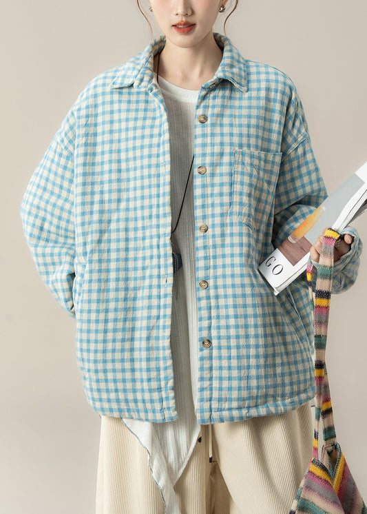 Camisas de algodón a cuadros con cuello Peter Pan azul de talla grande, abrigos de invierno