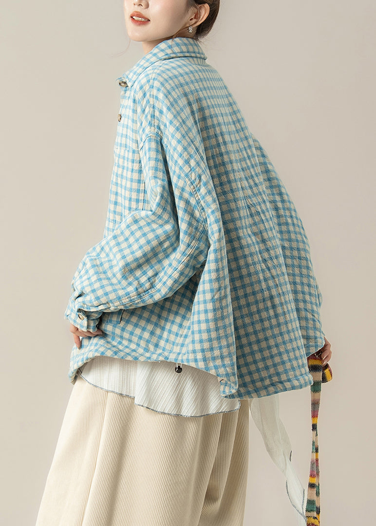 Winterhemden und -mäntel in Übergrößen mit blauem Peter-Pan-Kragen, kariert und mit Baumwolle gefüttert