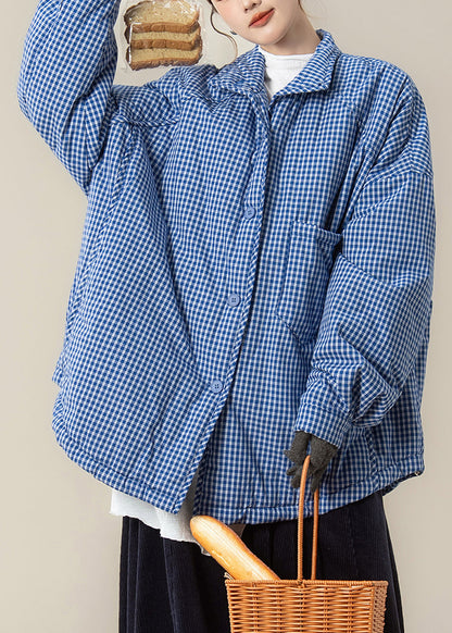 Chaquetas de plumón a cuadros con cuello Peter Pan azul de talla grande para invierno