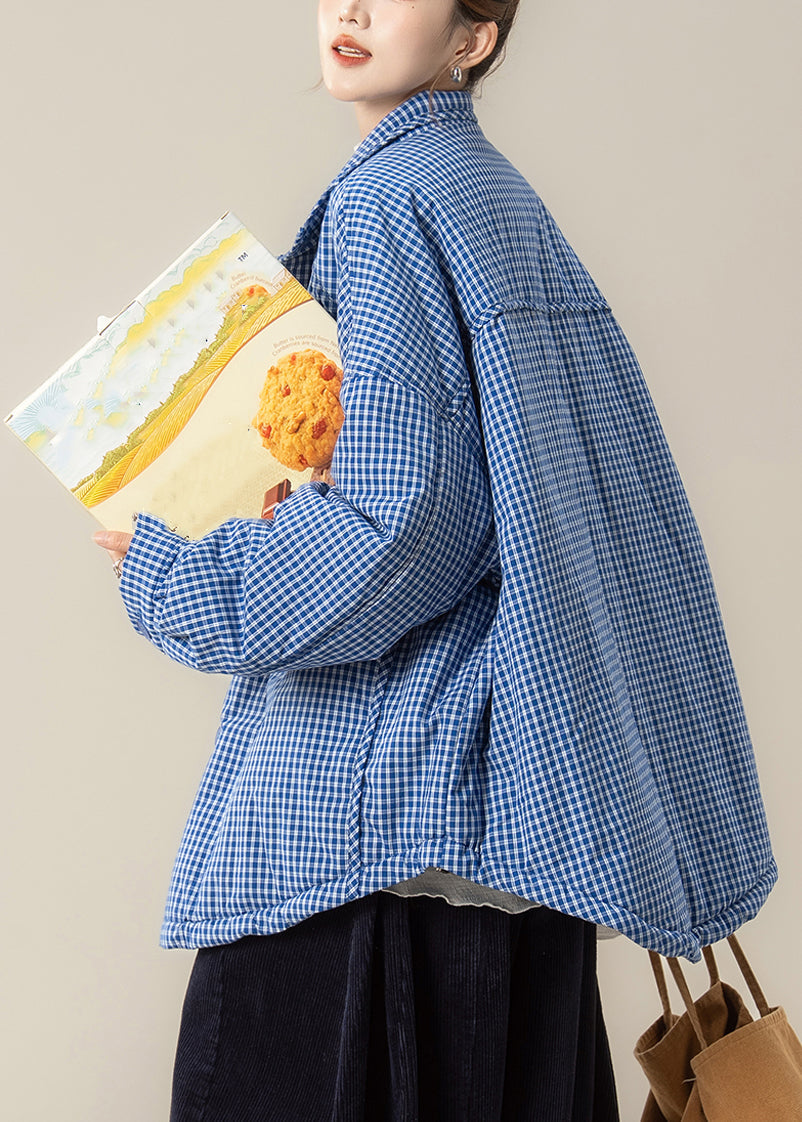 Chaquetas de plumón a cuadros con cuello Peter Pan azul de talla grande para invierno