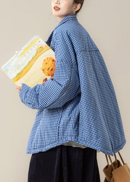 Chaquetas de plumón a cuadros con cuello Peter Pan azul de talla grande para invierno