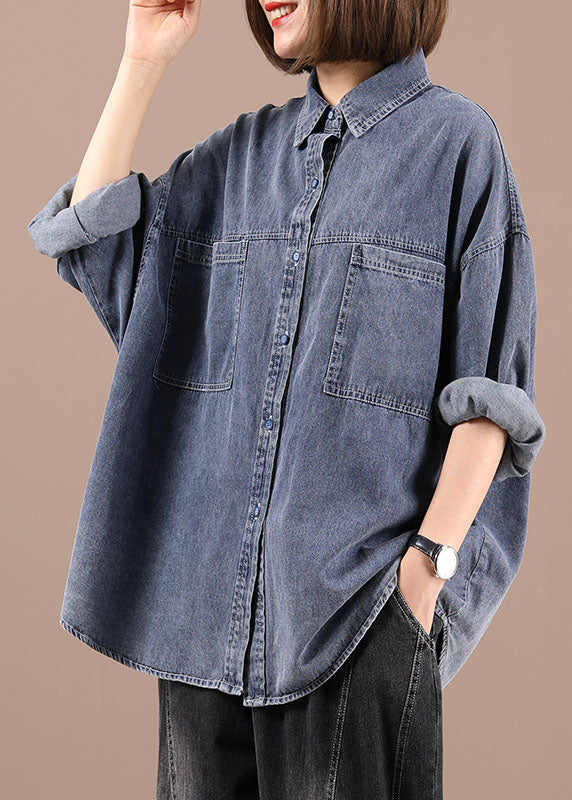 Plus Size Blau PeterPan Kragen Taschen Knopf Herbst Mantel Langarm