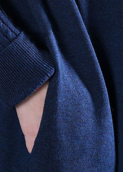 Plus Size Blau Taschen Strick Urlaubskleider Frühling