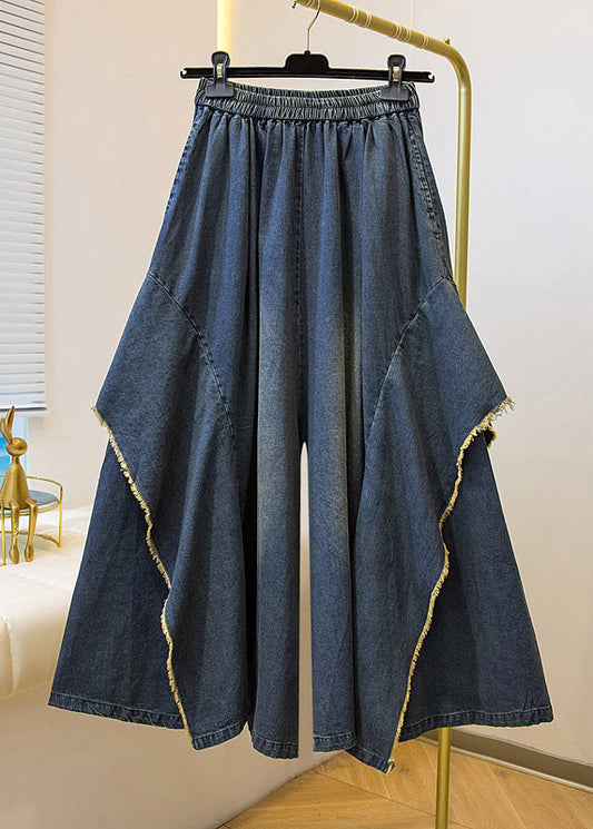 Plus Size Blue Pockets Patchwork Wide Leg Denim Pants Fall