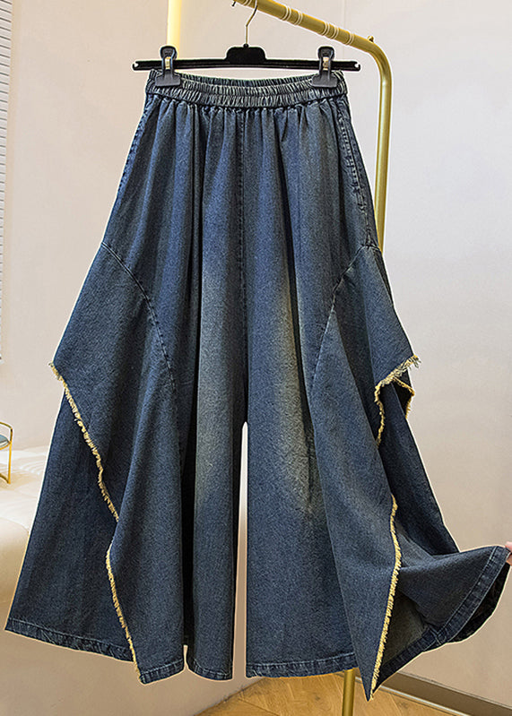Plus Size Blue Pockets Patchwork Wide Leg Denim Pants Fall