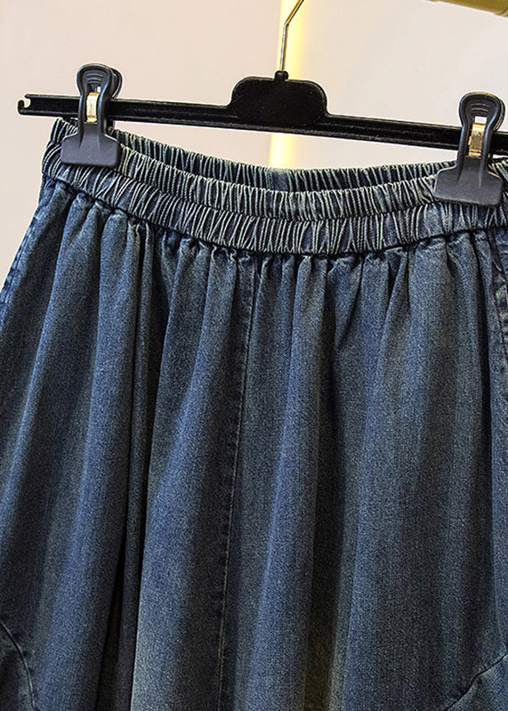 Plus Size Blue Pockets Patchwork Wide Leg Denim Pants Fall