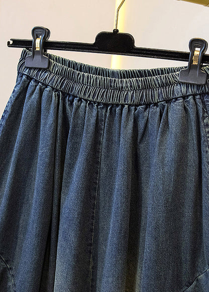 Plus Size Blue Pockets Patchwork Wide Leg Denim Pants Fall