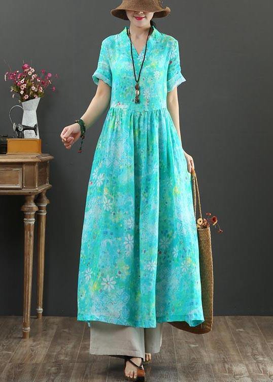 Plus Size Blue Print Linen A Line Summer Holiday Dress - SooLinen