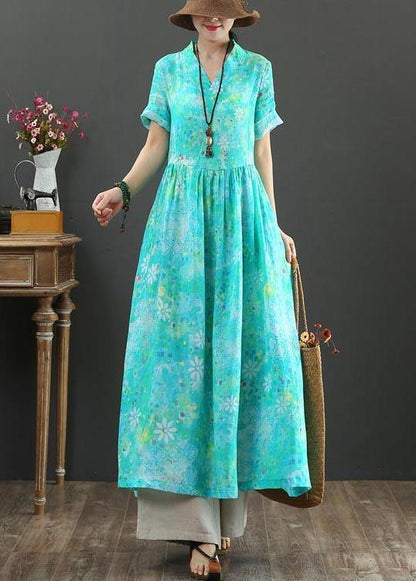 Plus Size Blue Print Linen A Line Summer Holiday Dress - SooLinen