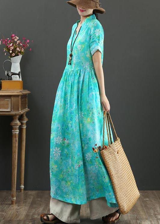 Plus Size Blue Print Linen A Line Summer Holiday Dress - SooLinen