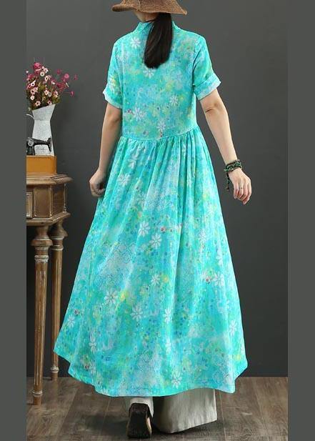 Plus Size Blue Print Linen A Line Summer Holiday Dress - SooLinen