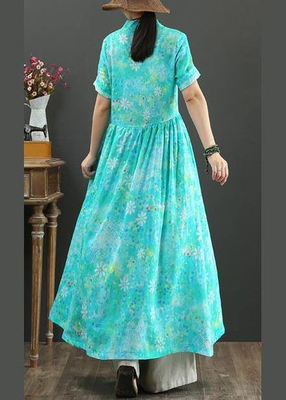 Plus Size Blue Print Linen A Line Summer Holiday Dress - SooLinen