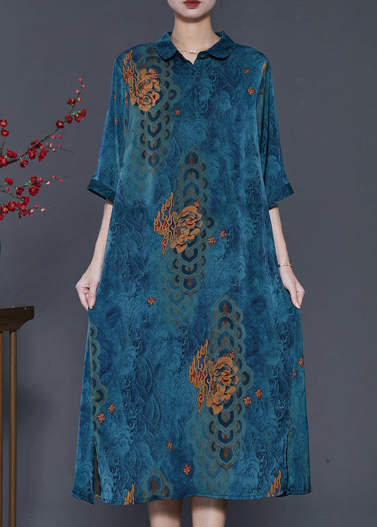 Plus Size Blaues Print-Seidenkleid mit seitlicher Öffnung in A-Linie für den Sommer