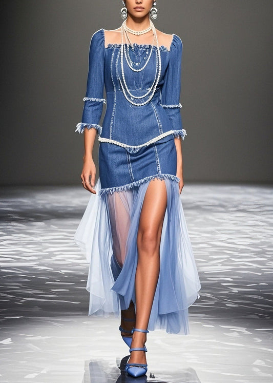 Plus Size Blue Ruffled Patchwork Denim Dresses Summer