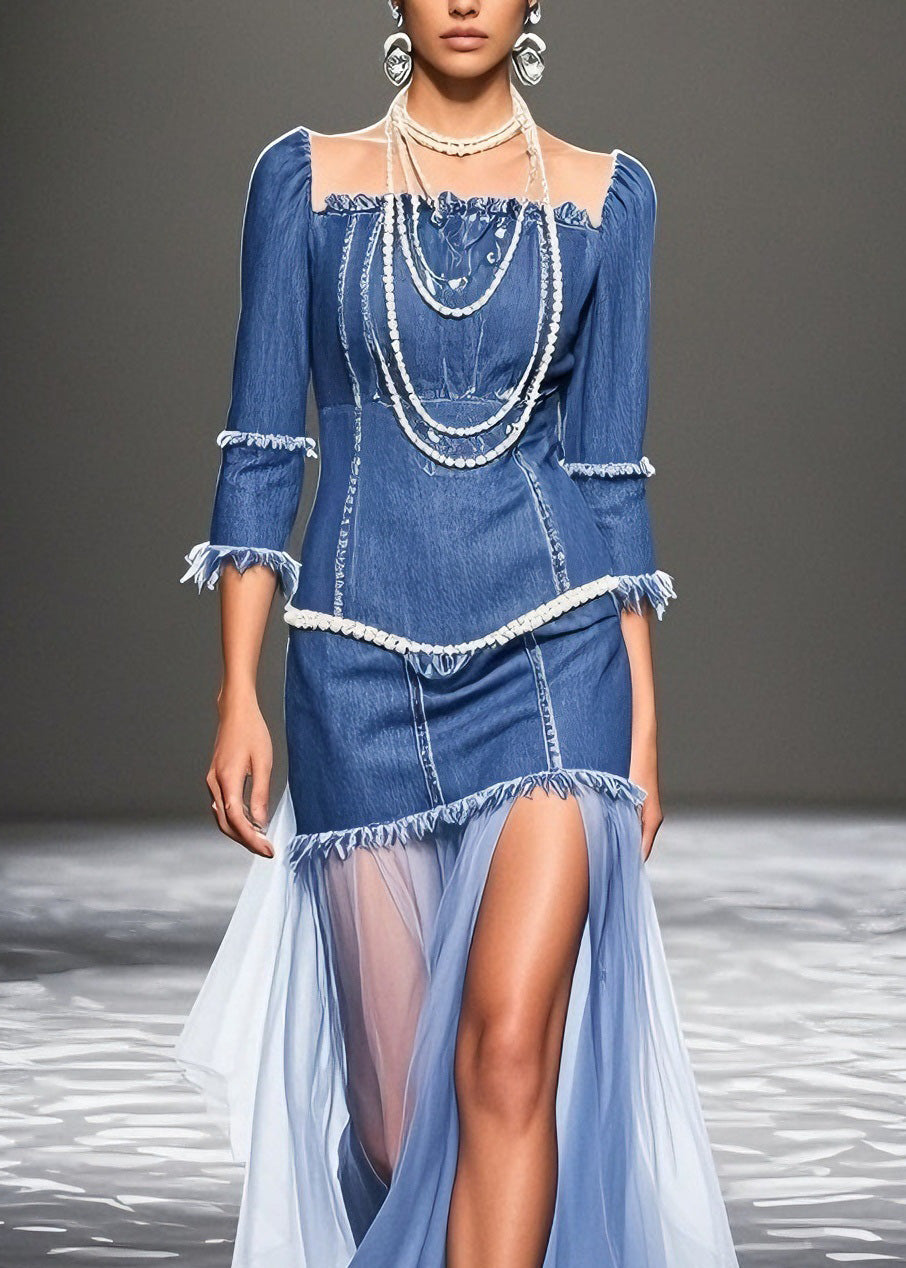 Plus Size Blue Ruffled Patchwork Denim Dresses Summer