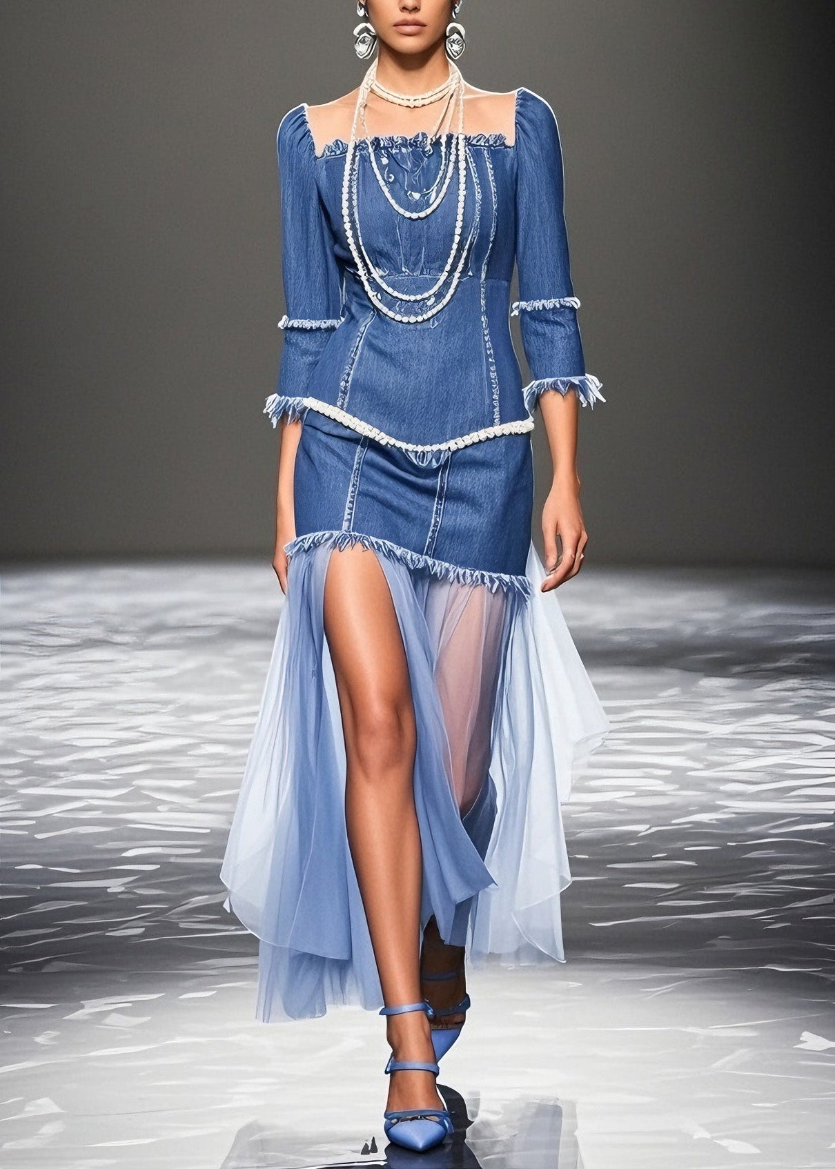 Plus Size Blue Ruffled Patchwork Denim Dresses Summer