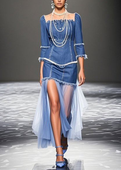 Plus Size Blue Ruffled Patchwork Denim Dresses Summer