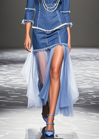 Plus Size Blue Ruffled Patchwork Denim Dresses Summer
