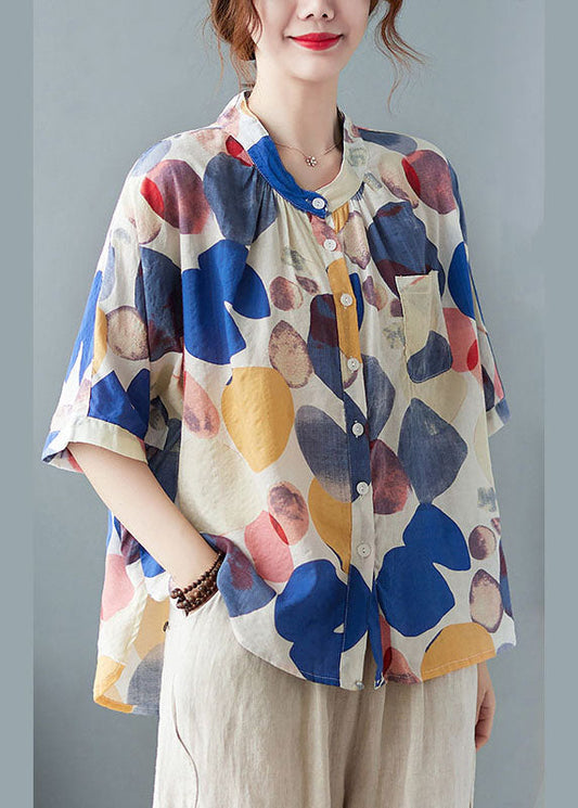 Plus Size Blaues Stehkragen-Knopfdruck-Halbarm-Hemdoberteil