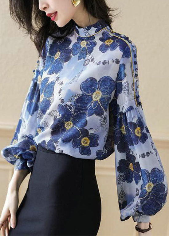 Plus Size Blaues Stehkragen-Knopfdruck-Seidenhemd Top Frühling