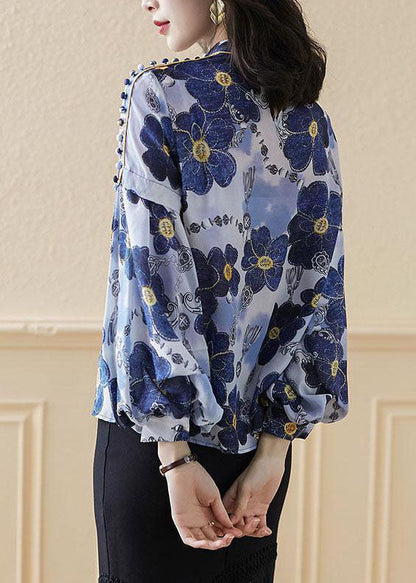 Plus Size Blaues Stehkragen-Knopfdruck-Seidenhemd Top Frühling