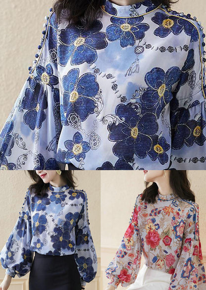 Plus Size Blaues Stehkragen-Knopfdruck-Seidenhemd Top Frühling
