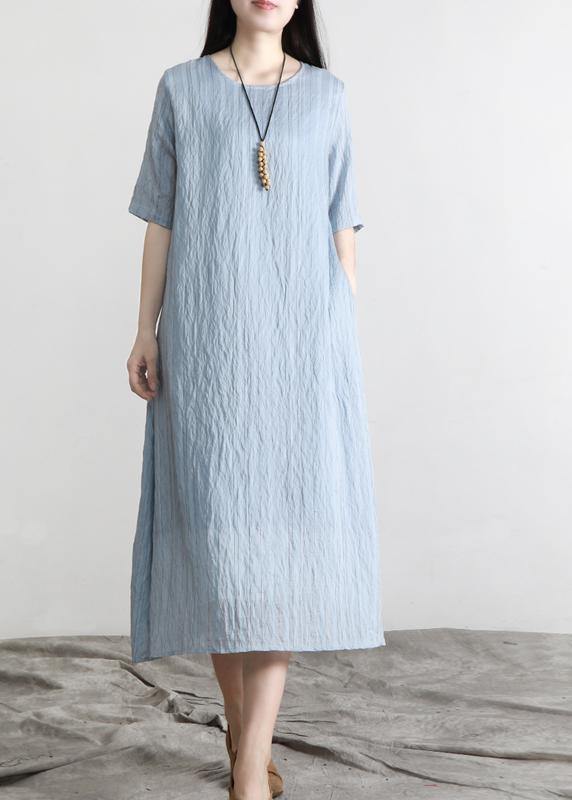 Plus Size Blue Striped Pockets Robe Summer Cotton Dress - SooLinen