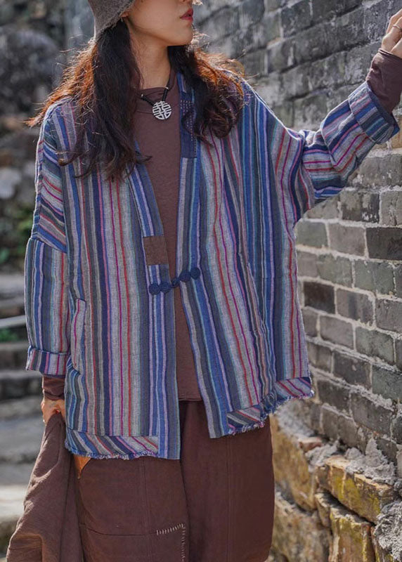 Plus Size Blau gestreiftes Retro-Knopf-Herbsthemd