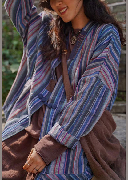 Plus Size Blau gestreiftes Retro-Knopf-Herbsthemd