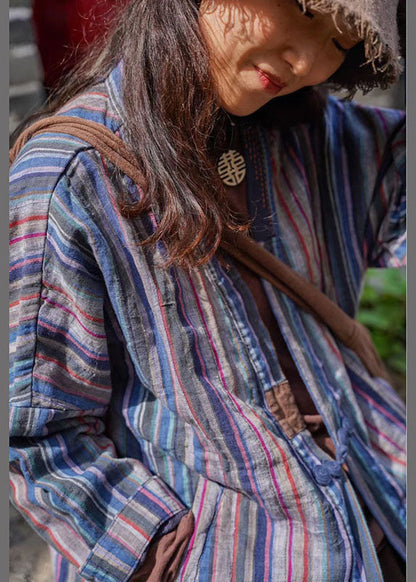 Plus Size Blau gestreiftes Retro-Knopf-Herbsthemd