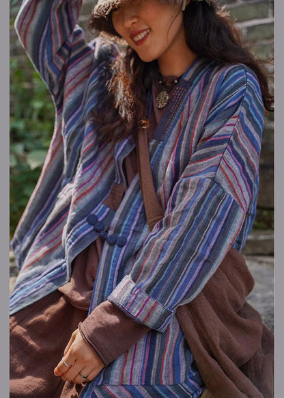 Plus Size Blau gestreiftes Retro-Knopf-Herbsthemd