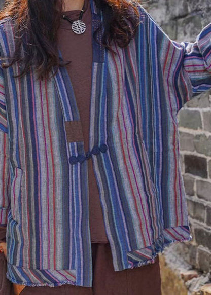 Plus Size Blau gestreiftes Retro-Knopf-Herbsthemd