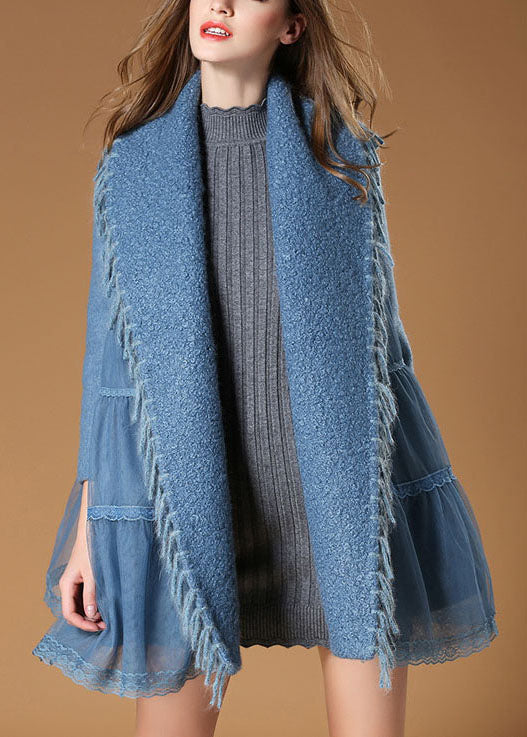 Blauer Tüll-Patchwork-Herbstwollmantel mit Quasten in Übergröße