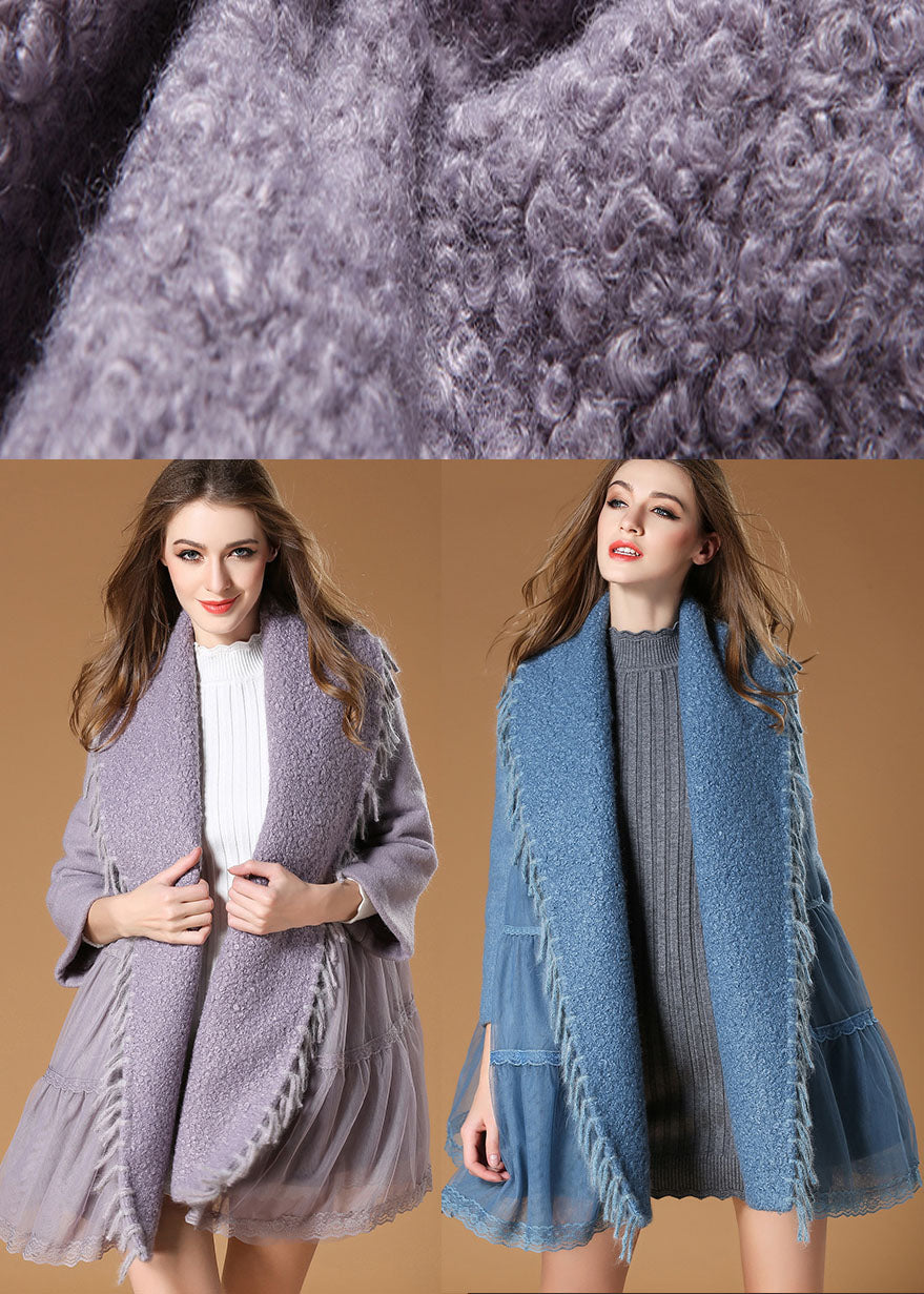 Blauer Tüll-Patchwork-Herbstwollmantel mit Quasten in Übergröße
