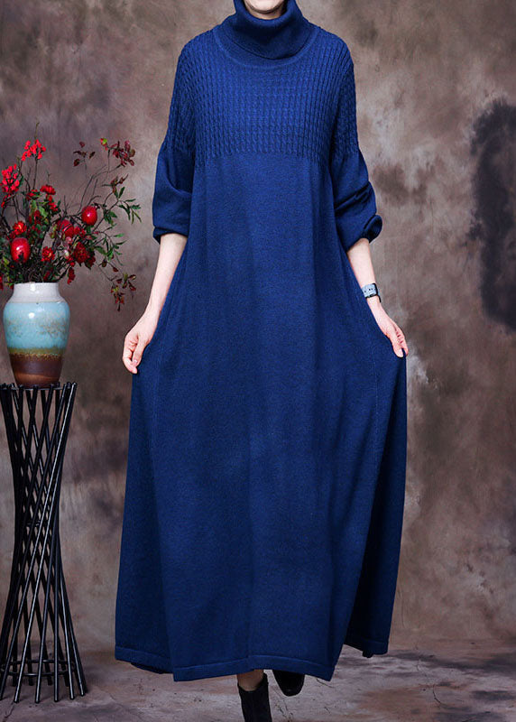 Plus Size Blaues Rollkragen-Langstrickkleid Winter