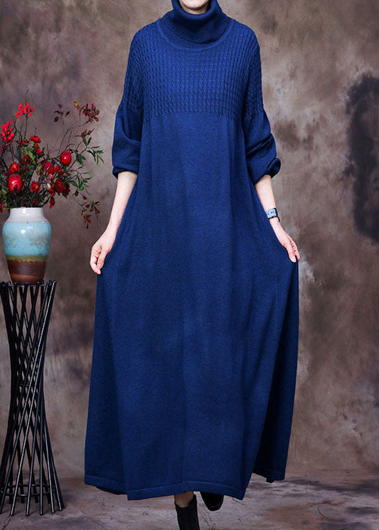 Plus Size Blaues Rollkragen-Langstrickkleid Winter